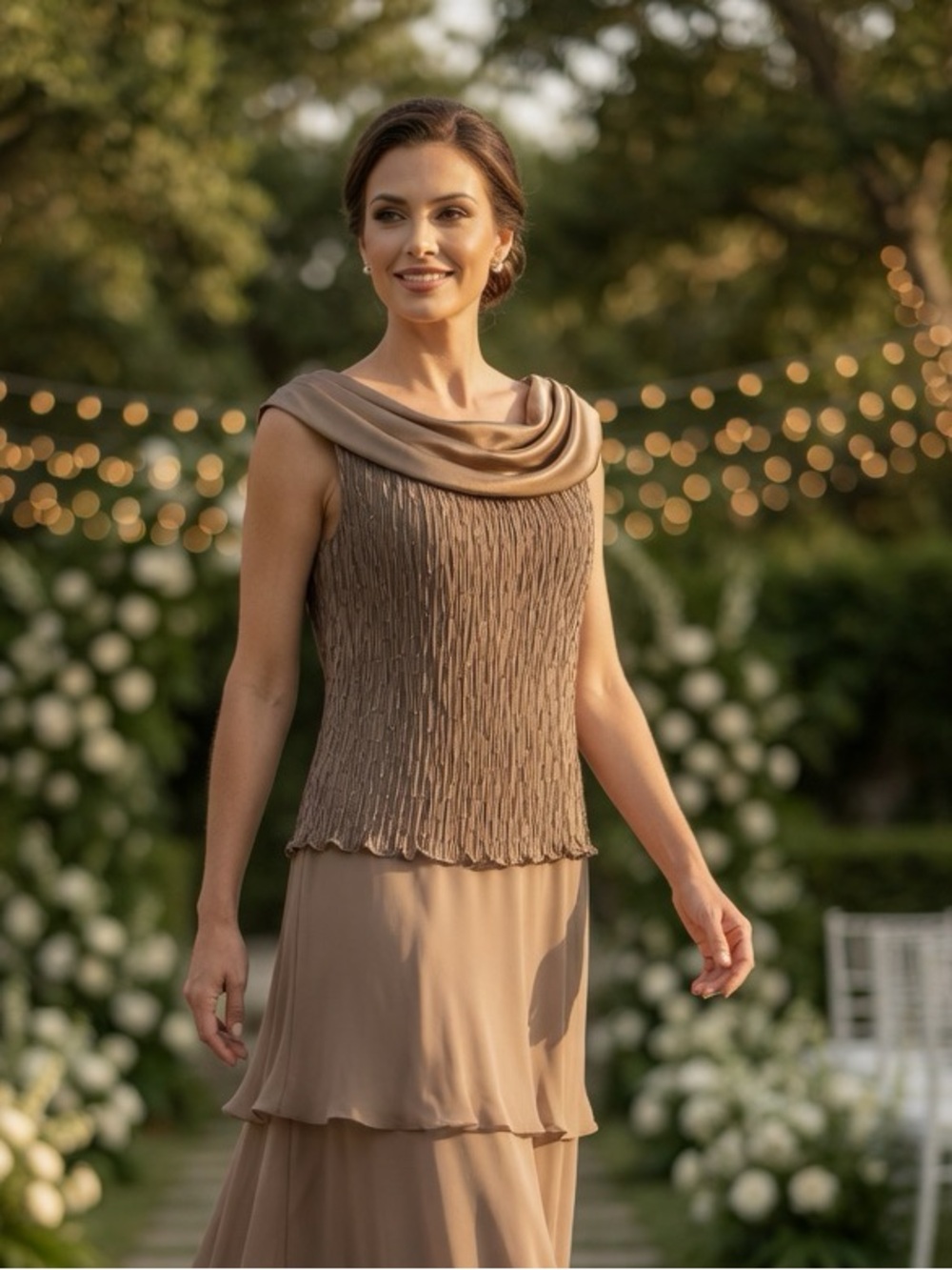 Patra Taupe Tiered Maxi Dress with Draped Cowl